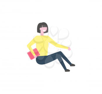 Female reader with magazine, vector isolated cartoon girl with textbook in hands. Woman in yellow sweater and black trousers sitting r and reading book