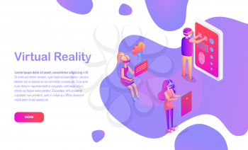 Virtual reality web page with people in VR glasses vector. Men and women with modern devices, cloud and touch screen, gadget, smartphone or tablet