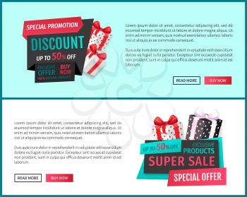 Special promotion, super sale, exclusive offer web pages vector. Banners with present boxes, gifts advertisements of shops. Market products promotion