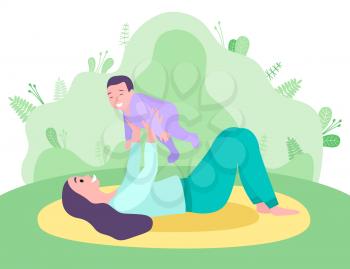 Young woman with little child lying on grass in park. Mother holding baby in meadow. Mum and kid spending time outdoors together, family leisure vector