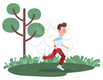 Boy running in green field with tree and grass isolated. Vector cartoon guy jogging outdoors in forest or park, runner or jogger on rest, active way of life