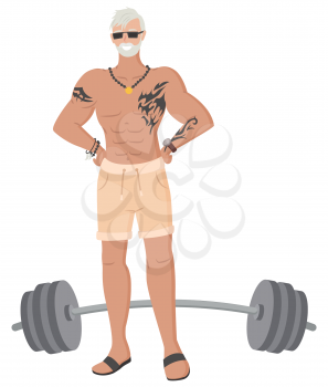 Old grey-haired man in gym vector, isolated senior person with tattoo flat style. Workout weightlifter grandfather hipster bodybuilder training with barbell. Muscles of personage