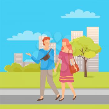 Happy couple man and woman walking together. People walking in city park, summer or spring, cartoon characters. Vector male and female with bag or sack