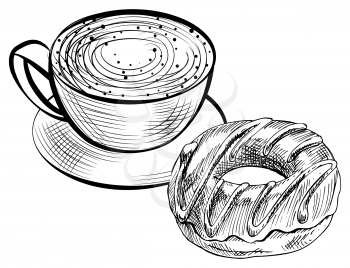Outline of cappuccino and donut on white, bakery and java. Sketch of caffeine drink and chocolate dessert, tasty food with espresso beverage, shop vector
