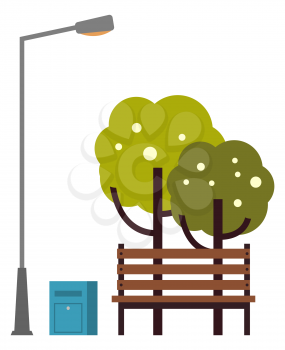 Wooden bench to seat vector, isolated park elements. Trees in bloom, spring nature. Lantern with bulb and trash can bin for garbage flat style foliage