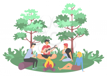 Picnic in forest, friends sitting near bonfire. Man character playing guitar, people listening sound, leisure near green trees and bushes, hobby vector