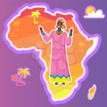 Smiling african woman wearing national dress posing, Africa map with Madagascar island. Human with dark skin, country with palmtrees, female ethnic vector