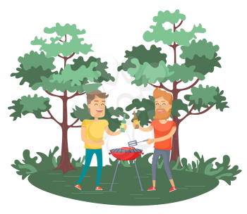 Friends men frying meat on grill, picnic in forest or park. Portrait view of smiling males characters cooking and drinking outdoor, leisure vector