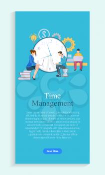 Time management vector, organization of work. Freelancers with laptops sitting on books or hourglass, clock and cogwheel, dollar currency sign. Website or webpage template, landing page flat style