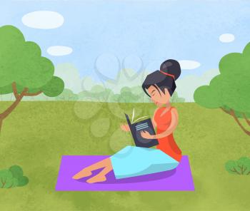 Female character reading book vector, woman enjoying publication literature in park. Nature with trees and foliage, lady sitting on blanket flat style
