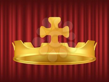 Golden crown decorated with cross. Symbol of royal dignity and power. Headdress for king or queen. Coronation ceremony accessory on red background vector. Red curtain theater background