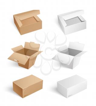 Packages and carton boxes isolated icons on whitebackground set vector. Containers with open caps, closed sealed cartons with adhesive tape, closed and open
