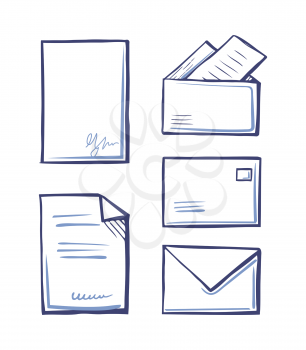 Documents with signature, envelopes and folders isolated icons. Signed contract with text, vector agreements samples. Documentation messages templates