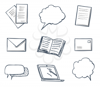 Office paper laptop monitor thought bubble isolated icons set vector. Book and message in envelope, letter with information and data, business pages