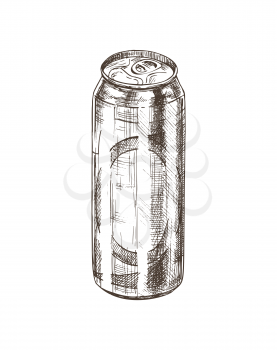 Beer in aluminum closed can monochrome sketch outline. Hand drawn bottle with alcoholic beverage. Craft pale ale in container vector illustration