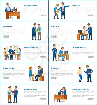 Dismissal and task, job interview and worker control, clerk with manager, business vector illustrations. Office work, boss and employee relationships.