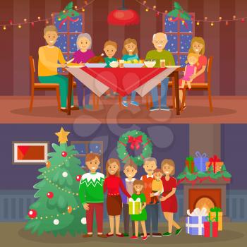 Christmas family people dining by table set vector. Holiday and celebration of winter event. Mother and mother, grandmother and grandfather with kids