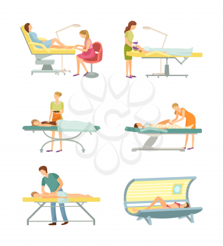 Spa salon pedicure and tanning process set of icons vector. Solarium and pedicurist working, massage and chocolate body care, wrap and cosmetician
