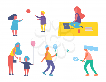 Children playing with inflatable ball isolated icons set. Woman working as freelance worker sitting on blanket with laptop and books, coffee vector