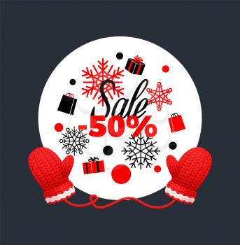 Winter sale 50 percent off poster. Wreath made of snowflakes, knitted red gloves. Woolen mittens realistic outfit gauntlet, warm wintertime accessory