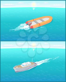 Inflatable rescue boat and yacht sailing in deep blue waters living trace. Safety rubber sailboat, transportation vehicles, motor rowing craft vector