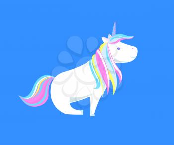 Fantastic unicorn with rainbow color mane and tail, sharp horn. White horse from fairy tales or legends, magic animal cartoon vector illustration.