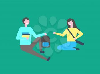 Man student with books and backpack and woman in yellow sweater and blue trousers, bag over shoulders vector cartoon people sitting on floor isolated