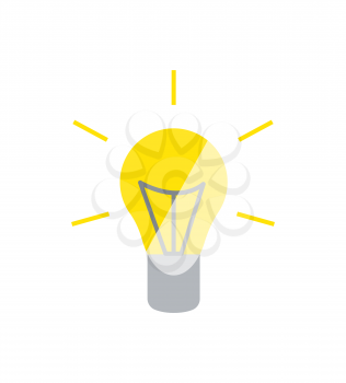 Lightbulb glowing yellow icon, lamp symbol of light, creating new idea. Simple bright glass bulb, colorful illuminated element with lines flat vector