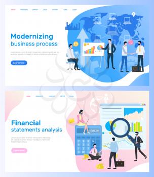 Modernizing business process and financial statements analysis vector. Graphics and diagram, calculations and presentation world map and entrepreneurs. Website or webpage template landing page in flat