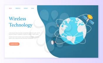 Wireless technology internet page vector. Globe planet Earth with spaceships and spacecrafts. Business networking worldwide connection and communication. Website template landing page in flat