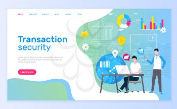 Transaction security team males working in bank vector. Man conducting payments with innovative technologies, people working online website text. Webpage template landing page in flat