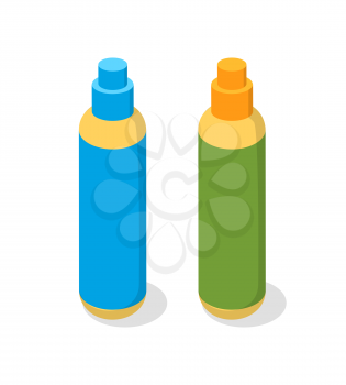 Spray in plastic bottles, cosmetic product isolated 3d icon vector. Chemical item lotion in package cap. Cleaning ingredients in container with emblem