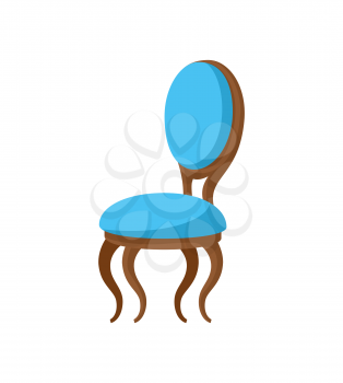 Chair classic design, wooden bent legs and soft blue seat, elegant furniture with front view. Object for sitting, one place for relaxation on white vector