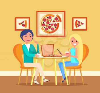 Couple on date in pizza restaurant at table vector. Italian food, girl and guy drink coffee and lemonade, cafe interior and furniture, picture on wall