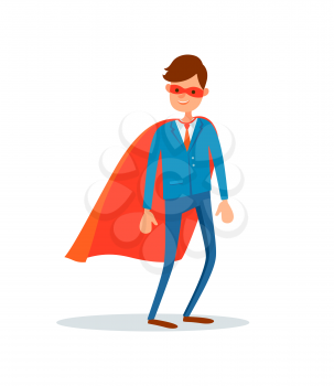Man hero in mask and mantle, businessman support vector flat stye. Ceo executive leader with robe, super helping and assisting in business helper
