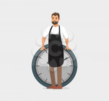 Worker with clock vector, worker at job, deadline at work. Person wearing apron, rounded watch with lines and hands, measuring time. Flat style icon