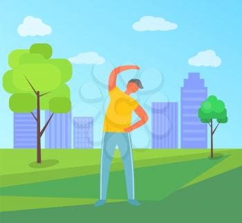 Man doing exercise outdoor, portrait view of standing human in city park with buildings. Sporty guy, healthy lifestyle, yoga or stretching vector