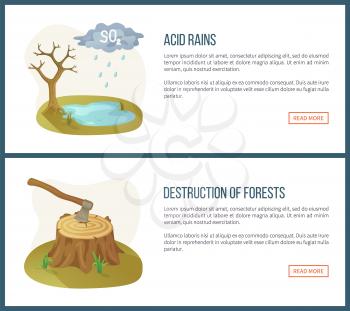 Destruction of forests vector, deforestation and acid rain, harmful liquid, lake and tree without leaves. Ax environmental problems info. Website or webpage template flat style. Concept for Earth day