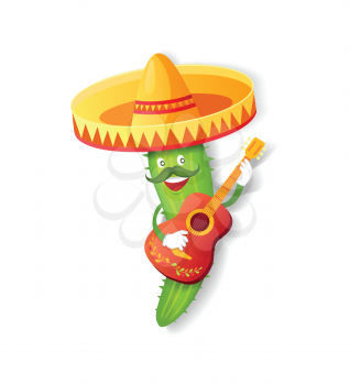 Fiesta or Cinco de Mayo festival, Mexican cactus in sombrero vector. Plant with mustache and guitar, Mexico symbol, mariachi and musical instrument