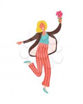 Dancing woman with pink flower isolated blonde girl. Vector female character in cartoon style, smiling lady with blooming plant, 8 March or Valentines day party