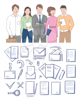 Workers closeup view, pdf papers or documents in envelope, pencil and loupe symbols, check mark and cross, clip isolated on white, doc and txt vector