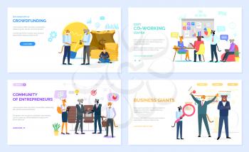Crowdfunding vector, office workers in cozy coworking center hipster animals working. Community of entrepreneurs and business giants set. Website or webpage template, landing page flat style