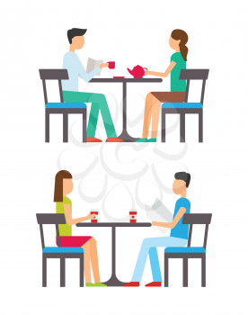 Man and woman sitting on chairs at table, drinking cups of coffee and tea. Couples in casual clothes, girl in t-shirt and skirt, boy in trousers vector