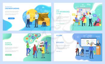 Speaker vector, deer on presentation, crowdfunding and cozy coworking center, hipster animals at work, working cat and koala, raccoon set. Website or webpage template, landing page flat style