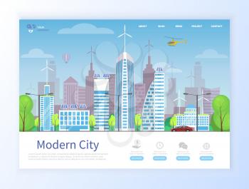 Modern city with helicopter and green parks vector, dollar sign and hand holding currency, time clock and information. Town with infrastructure. Website or webpage template, landing page flat style