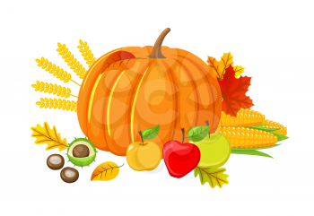 Pumpkin and leaves chestnut and ripe apples with vitamins isolated icons vector. Wheat and foliage, natural autumn ingredients, corn vegetables set