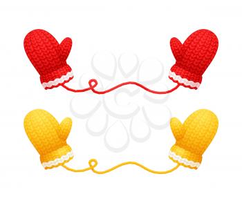 Chunky knitted gloves in red and yellow color with white stripe. Pair of woolen mittens in realistic design, winter outfit gauntlet, warm personal accessory