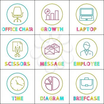 Bright round linear icons for business app set. Charts and messages schematic buttons outline templates isolated cartoon flat vector illustrations.