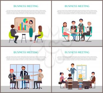 Business meeting of office workers staff vector. Posters with text sample, businessman and businesswoman presenting charts graphic ideas on whiteboard