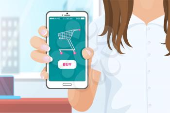 Buy online application for purchasing products from websites. Mobile cell phone in hands of woman, digital era and commerce via internet shops vector